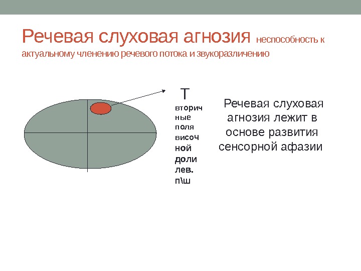 Речевая слуховая агнозия неспособность к актуальному членению речевого потока и звукоразличению  T вторич