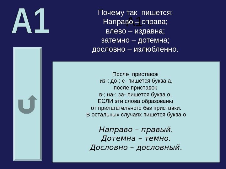   А 1 Почему так пишется: Направо – справа; влево – издавна; затемно