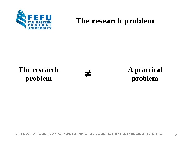 The research problem A practical problem≠ 3 Tyurina E. A, Ph. D in Economic