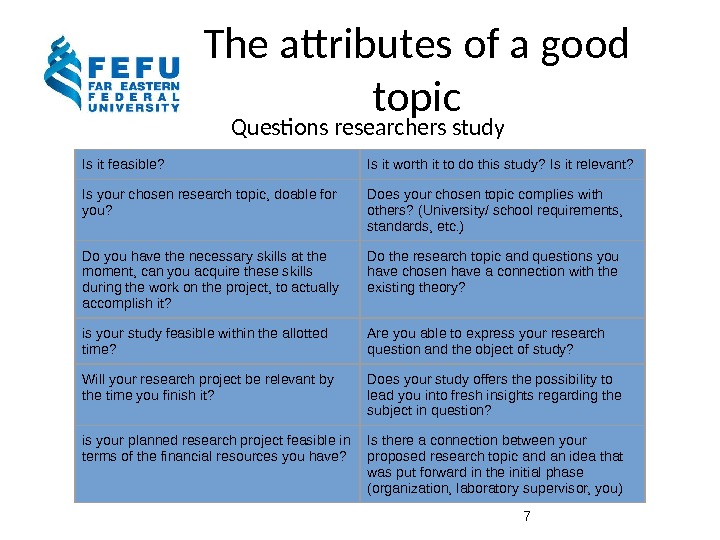 The attributes of a good topic Questions researchers study 7 Is it feasible? 