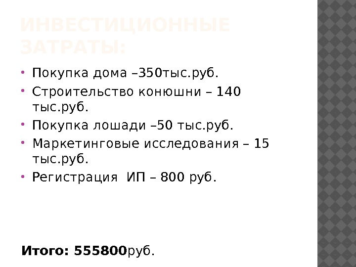 ИНВЕСТИЦИОННЫЕ ЗАТРАТЫ:  Покупка дома – 350 тыс. руб.  Строительство конюшни – 140