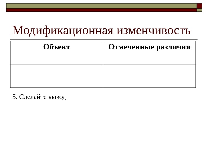 Модификационная изменчивость 5. Сделайте вывод Объект Отмеченные различия 