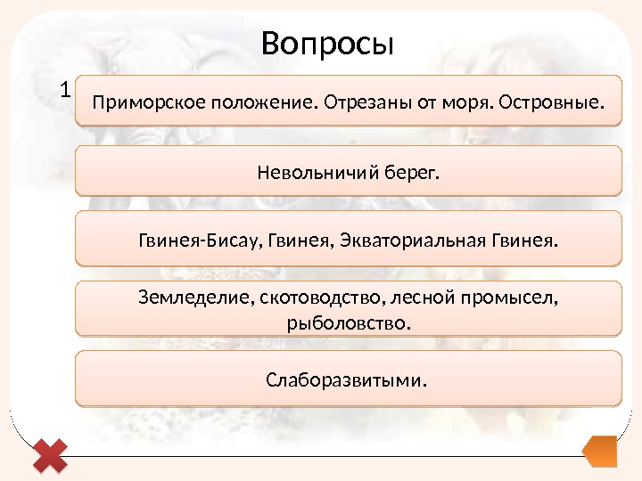 Вопросы 1 Земледелие, скотоводство, лесной промысел,  рыболовство. Невольничий берег. Гвинея-Бисау, Гвинея, Экваториальная Гвинея.