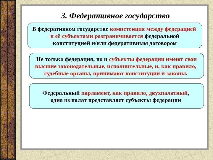 3. Федеративное государство В федеративном государстве компетенция между федерацией и её субъектами разграничивается федеральной