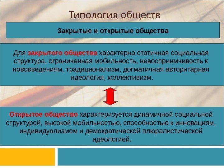 Типология обществ Закрытые и открытые общества Для закрытого общества  характерна статичная социальная структура,