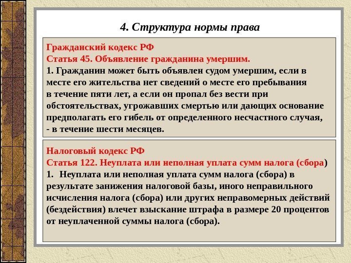 4. Структура нормы права Гражданский кодекс РФ Статья 45. Объявление гражданина умершим. 1. Гражданин