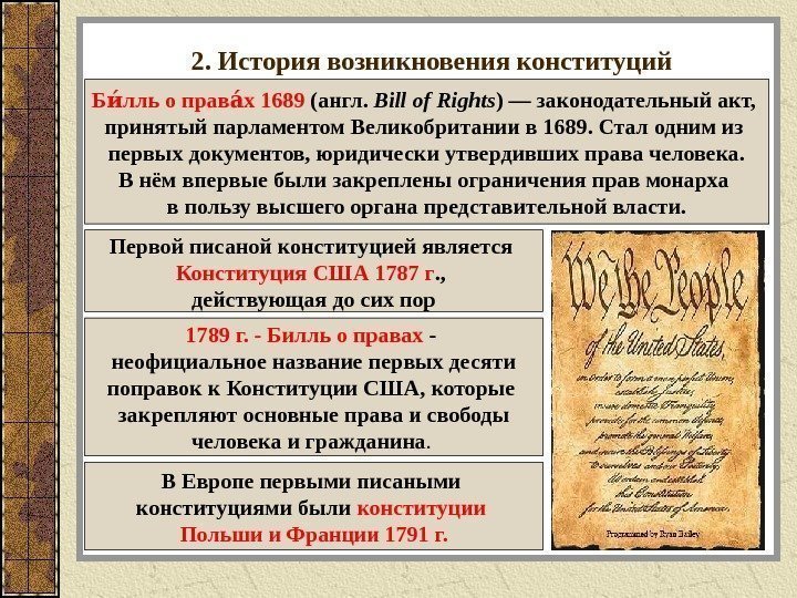2. История возникновения конституций Б лль о прав х 1689 ии аи (англ. 