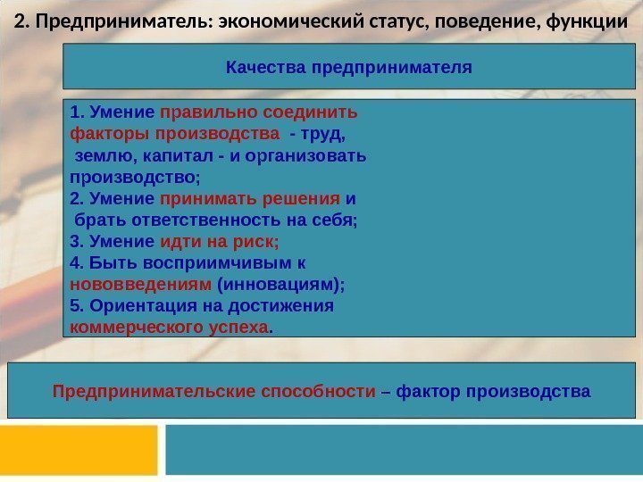 2. Предприниматель: экономический статус, поведение, функции Качества предпринимателя 1. Умение правильно соединить факторы производства