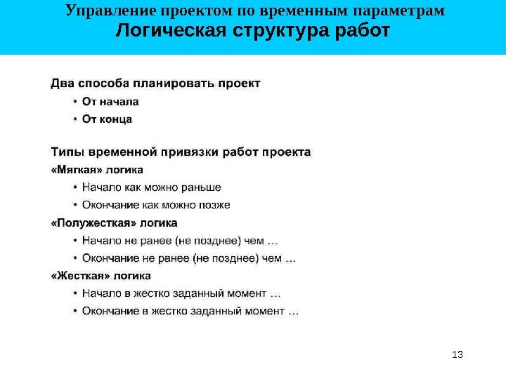 13 Логическая структура работ Управление проектом по временным параметрам 