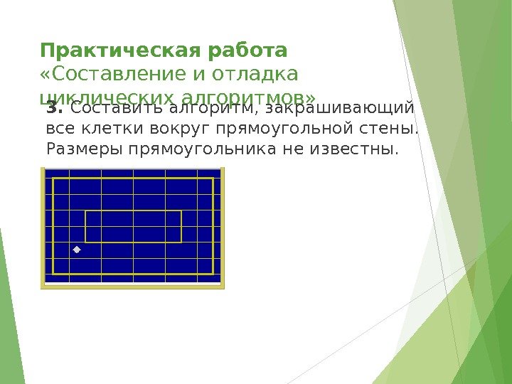 Практическая работа  «Составление и отладка циклических алгоритмов» 3.  Составить алгоритм, закрашивающий все