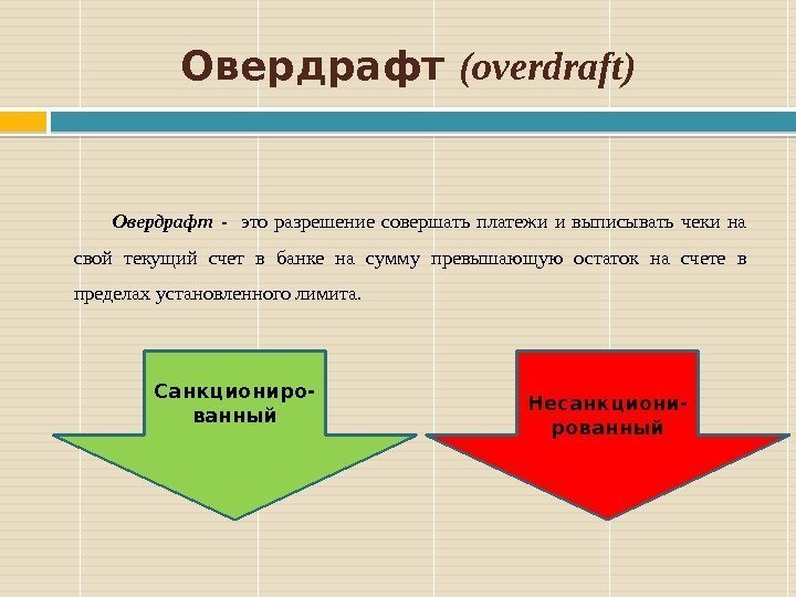 Овердрафт (overdraft) Овердрафт -  это разрешение совершать платежи и выписывать чеки на свой