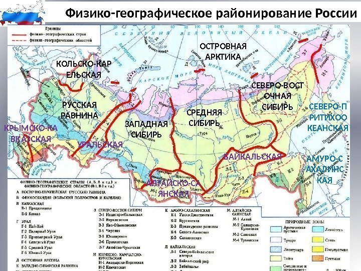 Физико-географическое районирование России ОСТРОВНАЯ АРКТИКА КОЛЬСКО-КАР ЕЛЬСКАЯ РУССКАЯ РАВНИНА КРЫМСКО-КА ВКАЗСКАЯ УРАЛЬСКАЯ СРЕДНЯЯ СИБИРЬ