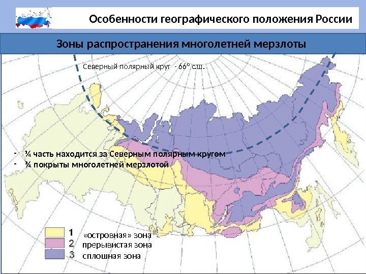 Особенности географического положения России в 1/4 части площади России, которая лежит за Северным полярным