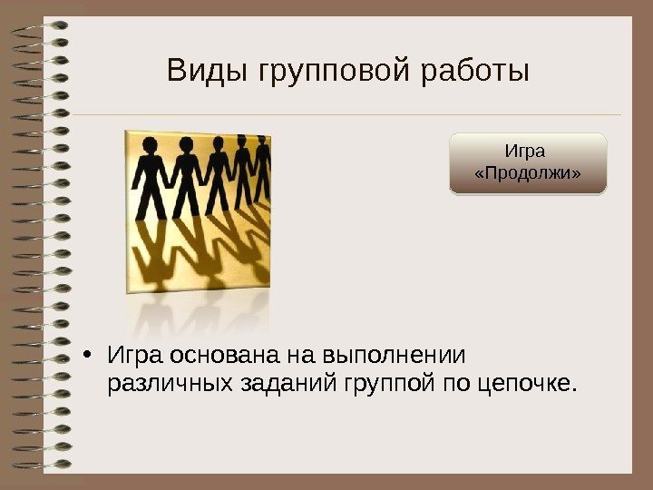 Виды групповой работы • Игра основана на выполнении  различных заданий группой по цепочке.