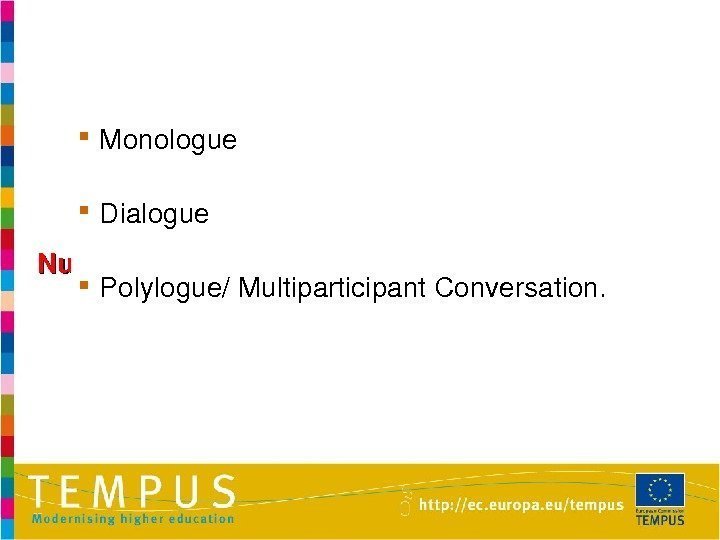 Numberofparticipants (Hughes. A. 2003) Monologue Dialogue Polylogue/Multiparticipant. Conversation. 