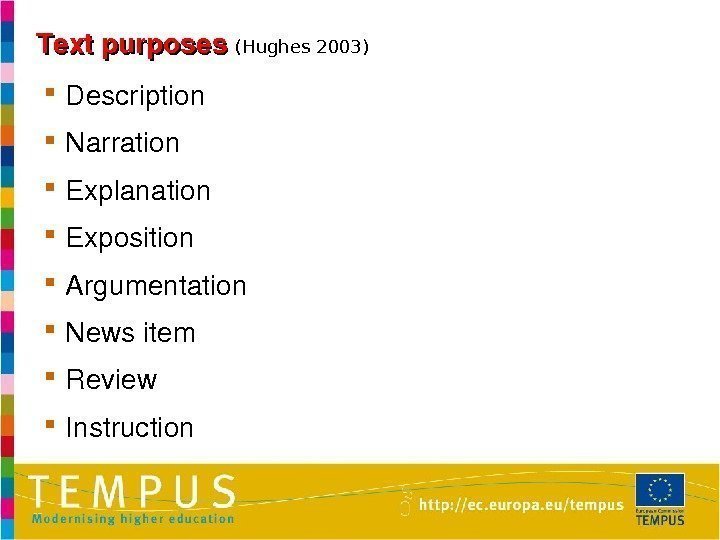 Textpurposes (Hughes 2003)  Description Narration Explanation Exposition Argumentation Newsitem Review Instruction 