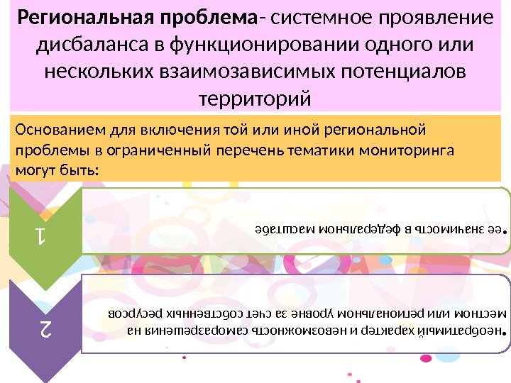 Региональная проблема - системное проявление дисбаланса в функционировании одного или нескольких взаимозависимых потенциалов территорий