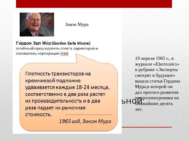 Эволюция вычислительной техники Закон Мура 19 апреля 1965 г. , в журнале «Electronics» 