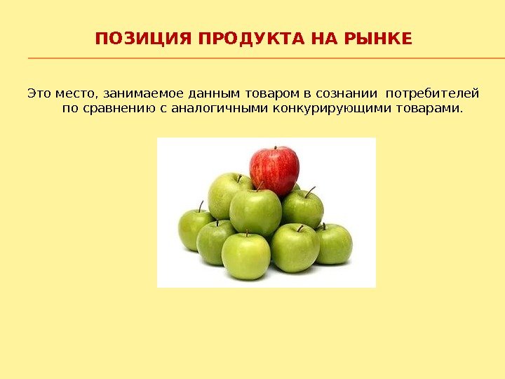 ПОЗИЦИЯ ПРОДУКТА НА РЫНКЕ Это место, занимаемое данным товаром в сознании потребителей по сравнению