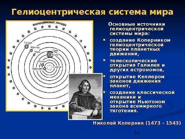  16 Гелиоцентрическая система мира  Основные источники гелиоцентрической системы мира:  создание Коперником