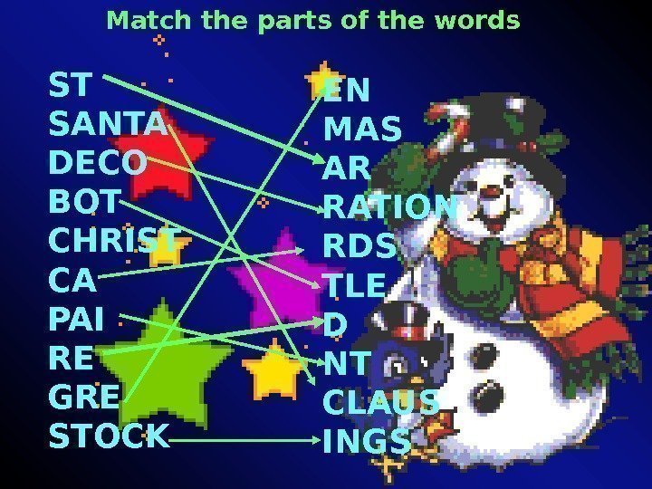 Match the parts of the words ST SANTA DECO BOT CHRIST CA PAI RE