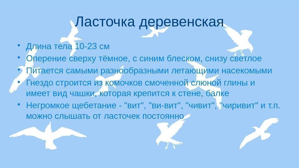 Ласточка деревенская • Длина тела 10 -23 см • Оперение сверху тёмное, с синим