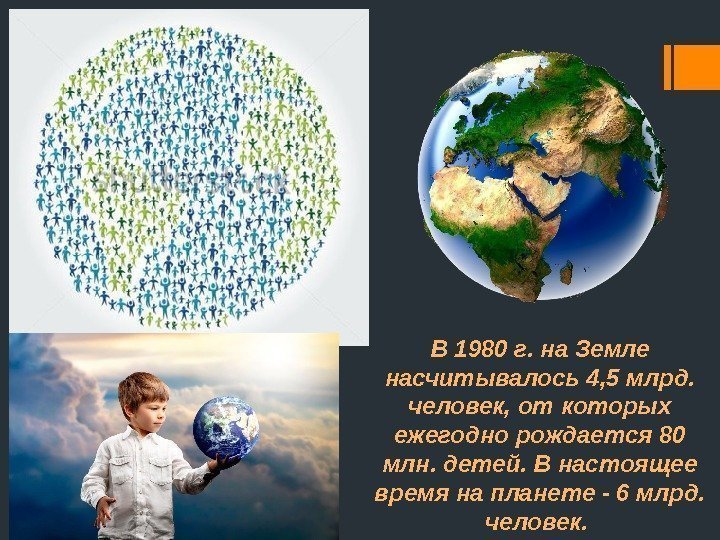 В 1980 г. на Земле насчитывалось 4, 5 млрд.  человек, от которых ежегодно