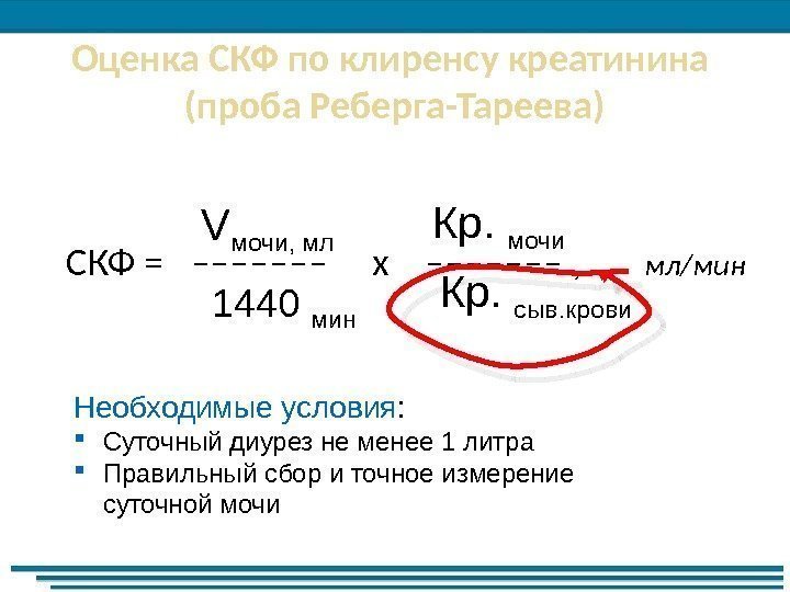 Оценка СКФ по клиренсу креатинина (проба Реберга-Тареева) СКФ =  ––––––– х  –––––––