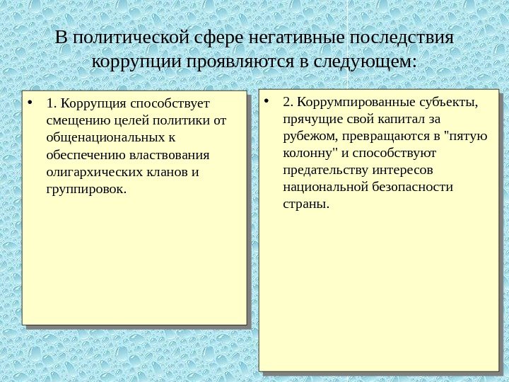 В политической сфере негативные последствия коррупции проявляются в следующем:  • 1. Коррупция способствует