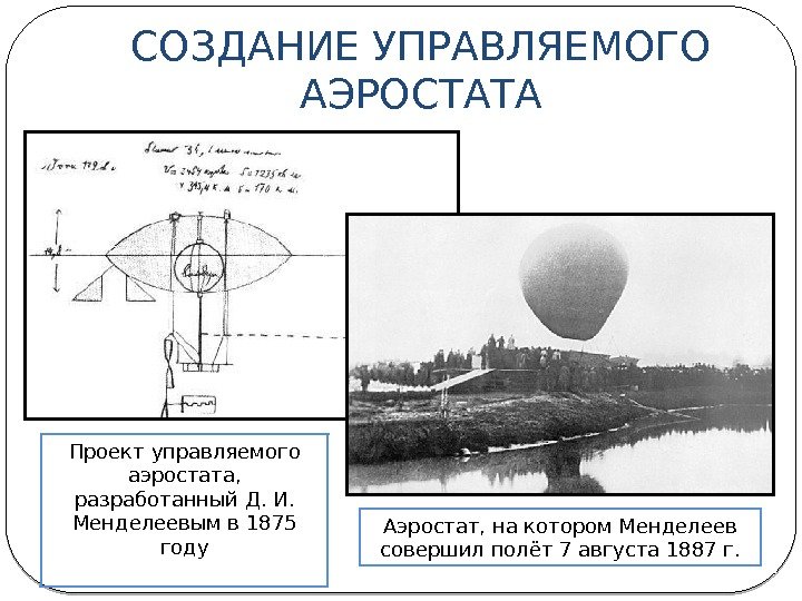 СОЗДАНИЕ УПРАВЛЯЕМОГО АЭРОСТАТА Аэростат, на котором Менделеев совершил полёт 7 августа 1887 г. Проект