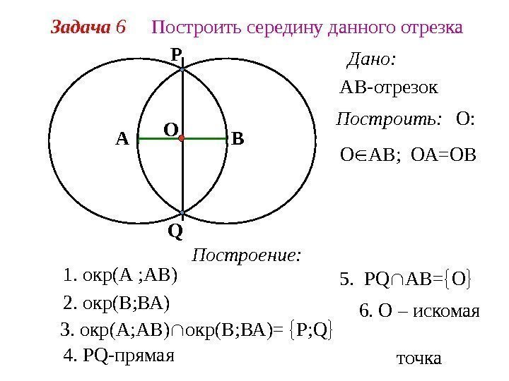   Задача 6 Построить середину данного отрезка Дано: АВ-отрезок А Построить: О АВ;