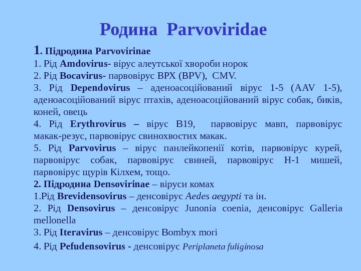  1. Підродина Parvovirinae 1. Рід Amdovirus - вірус алеутської хвороби норок 2.