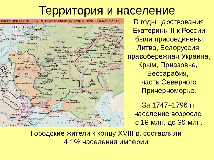   Территория и население В годы царствования Екатерины II к России были присоединены