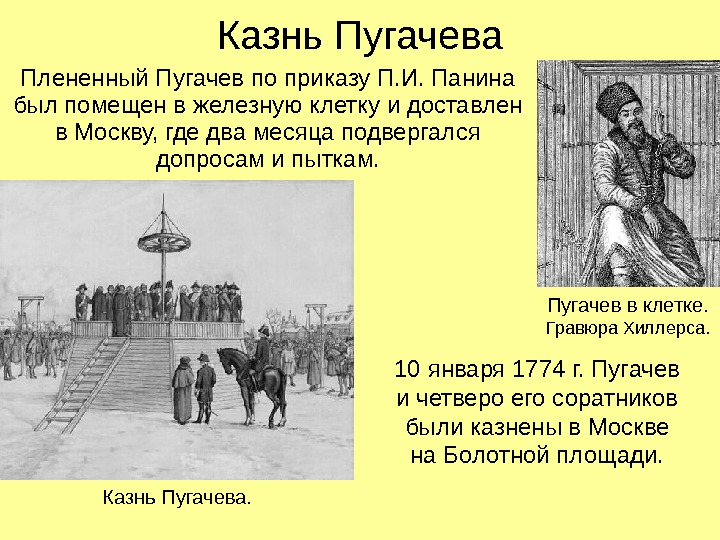 Казнь Пугачева Плененный Пугачев по приказу П. И. Панина был помещен в железную клетку