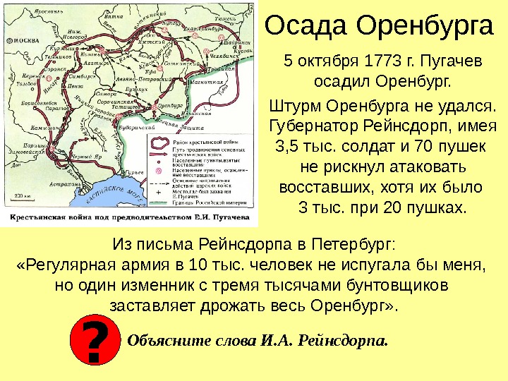 Осада Оренбурга 5 октября 1773 г. Пугачев осадил Оренбург. Штурм Оренбурга не удался. Губернатор