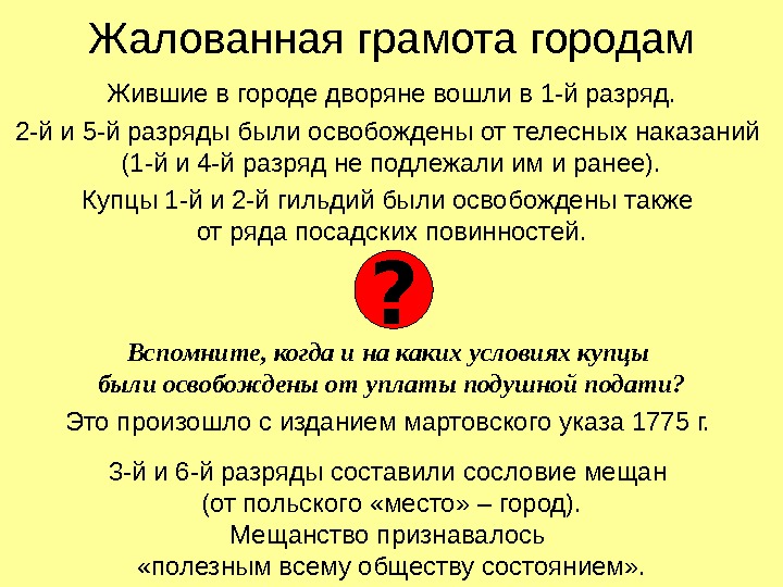 Жалованная грамота городам Жившие в городе дворяне вошли в 1 -й разряд. 2 -й