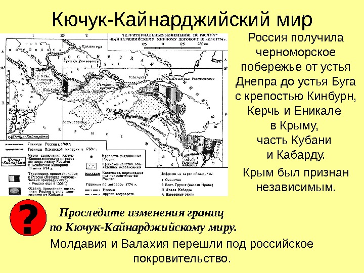 Кючук-Кайнарджийский мир Россия получила черноморское побережье от устья Днепра до устья Буга с крепостью