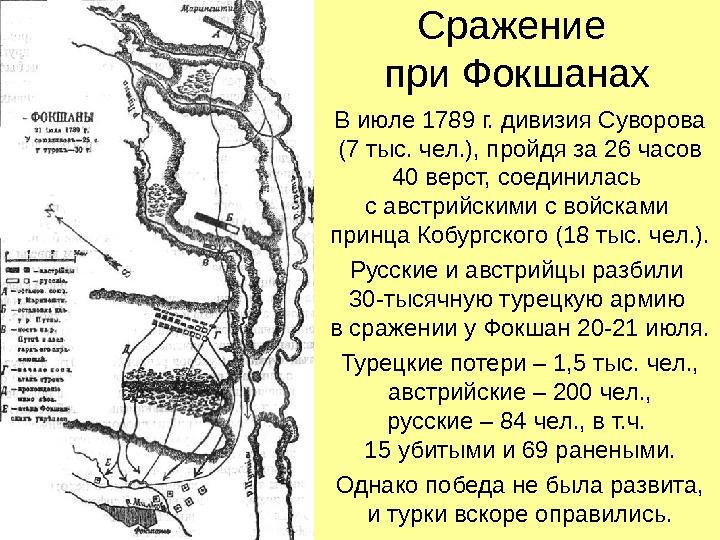 Сражение при Фокшанах В июле 1789 г. дивизия Суворова (7 тыс. чел. ), пройдя