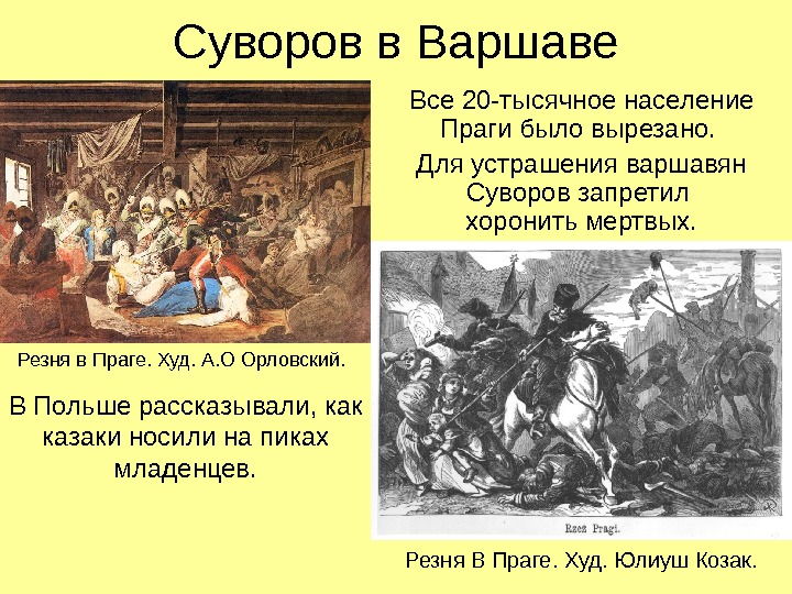 Суворов в Варшаве Все 20 -тысячное население Праги было вырезано.  Для устрашения варшавян