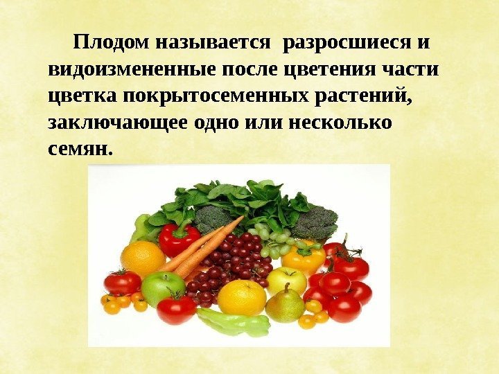 Плодом называется разросшиеся и видоизмененные после цветения части цветка покрытосеменных растений,  заключающее одно