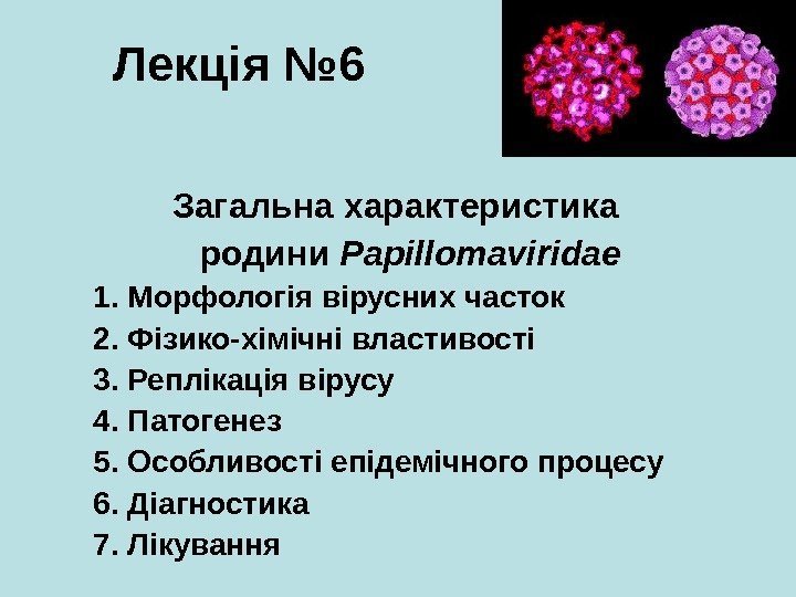   Лекція № 6 Загальна характеристика родини Papillomaviridae 1. Морфологія вірусних часток 2.