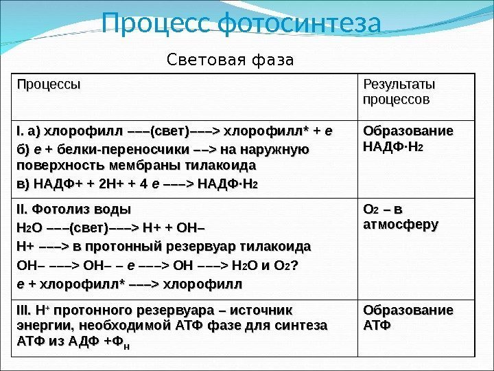 Процесс фотосинтеза Процессы Результаты процессов I. а) хлорофилл –––(свет)––– хлорофилл* + ee б) б)