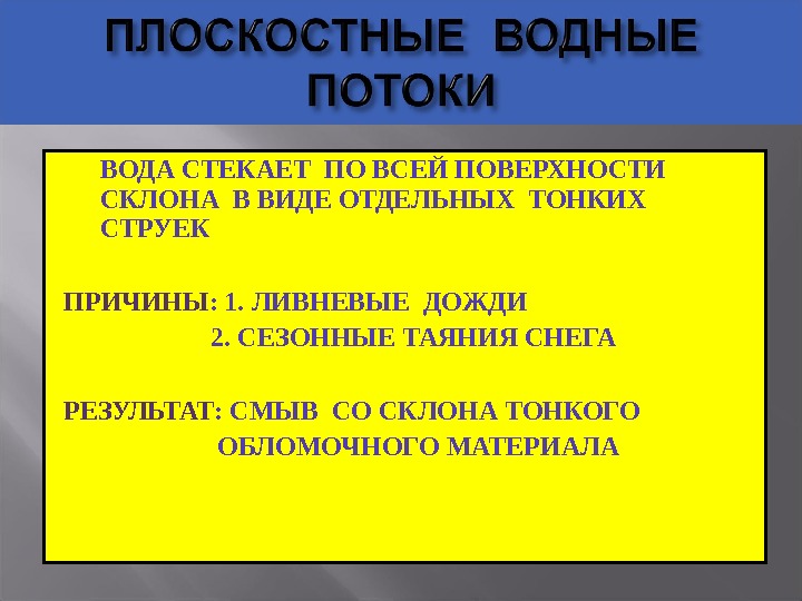 ВОДА СТЕКАЕТ ПО ВСЕЙ ПОВЕРХНОСТИ СКЛОНА В ВИДЕ ОТДЕЛЬНЫХ ТОНКИХ СТРУЕК ПРИЧИНЫ : 1.