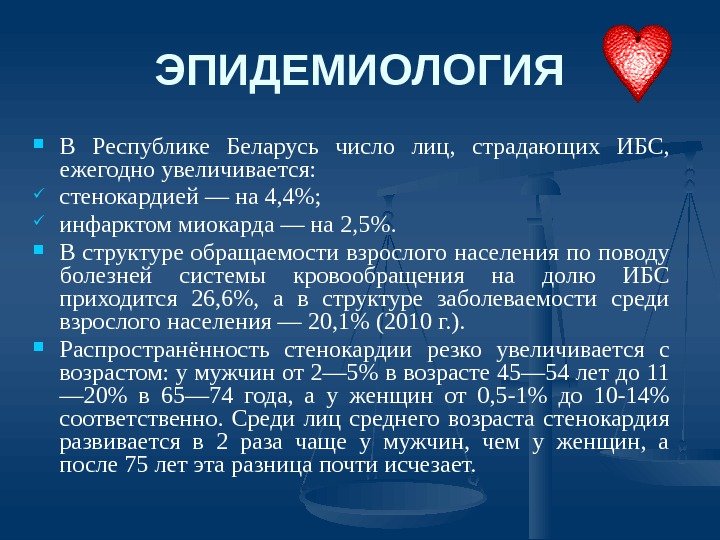 ЭПИДЕМИОЛОГИЯ В Республике Беларусь число лиц,  страдающих ИБС,  ежегодно увеличивается:  стенокардией