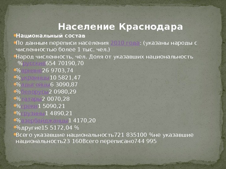    Население Краснодара Национальный состав По данным переписи населения 2010 года :