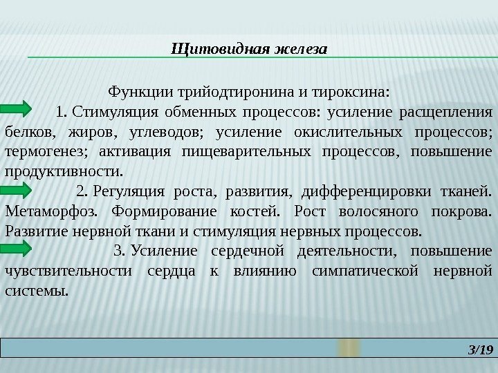 3/19 Щитовидная железа Функции трийодтиронина и тироксина:   1. Стимуляция обменных процессов: 