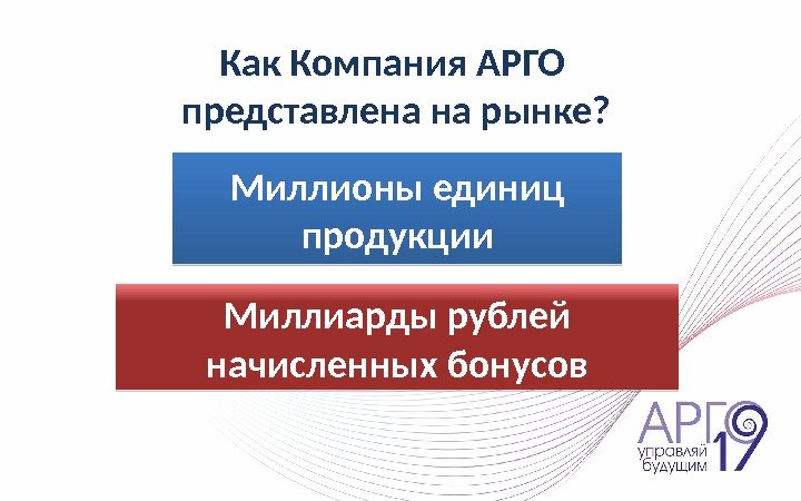 Миллиарды рублей начисленных бонусов Миллионы единиц продукции. Как Компания АРГО представлена на рынке? 01