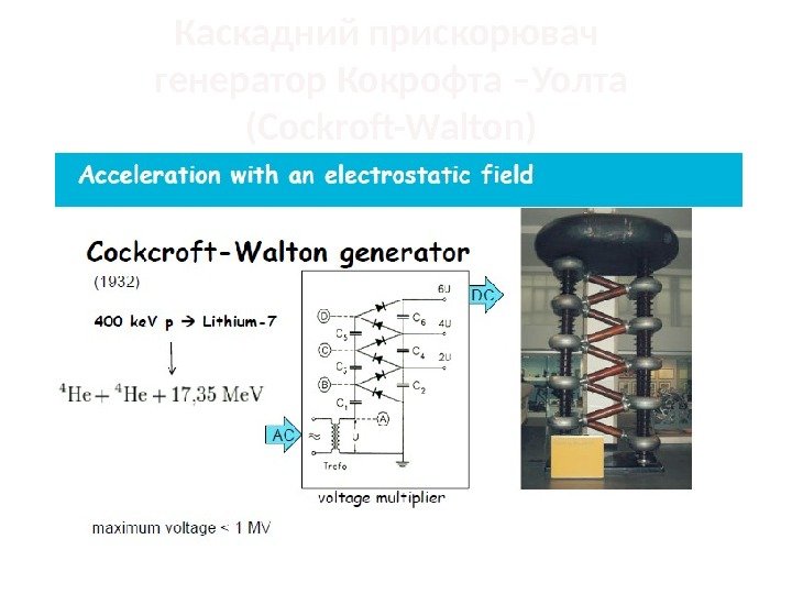 Каскадний прискорювач  генератор Кокрофта –Уолта (Cockroft-Walton) 