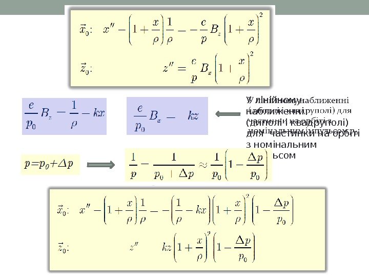 У лінійному наближенні (диполі і квадруполі) для частинки на орбіті з номінальним імпульсом 