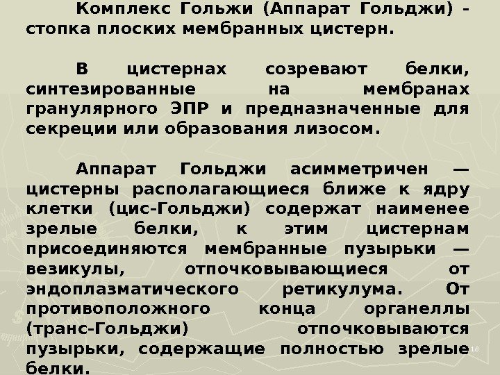 18 Комплекс Гольжи (Аппарат Гольджи) - стопка плоских мембранных цистерн.  В цистернах созревают